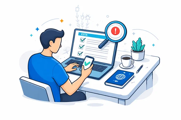 Flat vector isometric illustration. A traveler at a desk with a laptop and smartphone, completing a digital ESTA form with a checklist and a magnifying glass icon representing error checking. Abstract faceless characters, neutral skin tones. Deep blue and turquoise primary palette, red accent for USA. Minimalist white/grey background with faint Statue of Liberty outline. Calm, organized, efficient. No photorealism, no readable text.
