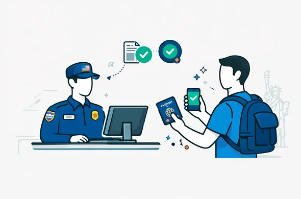 Flat vector illustration of a US border control scene: abstract faceless CBP officer at a desk with computer, traveler presenting passport and smartphone showing ESTA approval, icons for checkmark and document verification. Deep blue and turquoise palette with USA accent red. Minimal white-grey background with faint outline of the Statue of Liberty. Calm, safe, organized atmosphere, clean modern lines, no photorealism.