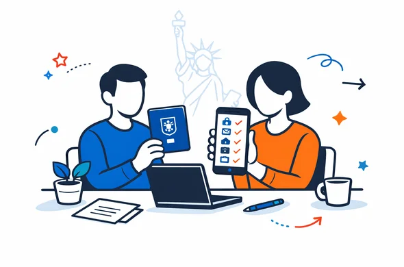 Flat vector illustration, isometric 2D, modern tech style, clean lines, deep blue and turquoise primary palette with a subtle red accent inspired by the USA, abstract faceless neutral characters, one character holding an Israeli biometric passport and another holding a smartphone displaying an ESTA preparation checklist with icons (passport, email, home address, employer info, travel address, payment card), calm organized workspace with minimal desk items, soft shadows, minimalist white and light grey background with a faint outline silhouette of the Statue of Liberty, no text, no logos, not photorealistic.
