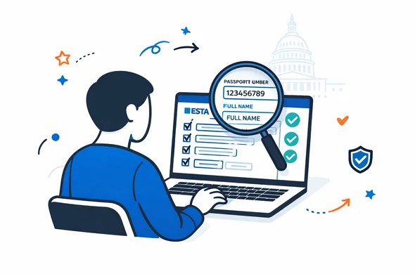 Semi-flat vector illustration, 2D modern tech feel, deep blue and turquoise primary palette with subtle red accent inspired by the USA, abstract faceless neutral character reviewing an online ESTA form on a laptop, large magnifying glass highlighting key fields like passport number and full name, multiple check mark icons, small shield icon representing security, clean UI elements, calm efficient atmosphere, minimalist white and light grey background with faint outline silhouette of the US Capitol, no text, no logos, not photorealistic.