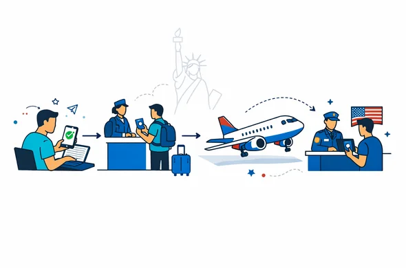 Flat modern vector illustration, clean lines, semi-flat isometric flowchart showing four checkpoints: ESTA online form, airline check-in desk, airplane, US border control officer desk. Abstract faceless characters holding passports and a phone with a checkmark. Primary colors deep blue and turquoise, accent color red for USA. Minimal white and light grey background with a faint outline silhouette of the Statue of Liberty. Calm organized tech feel, no photorealism, no text labels.