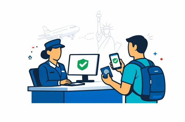 Flat vector illustration, modern tech airport check-in desk. Abstract faceless airline agent looking at a computer screen showing a simple authorized status icon, traveler holding passport and phone. Deep blue and turquoise primary palette, accent red for USA. Minimal white and grey background with a faint silhouette of an airplane and subtle Statue of Liberty outline. Calm efficient organized atmosphere, clean lines, not photorealistic, no readable text.
