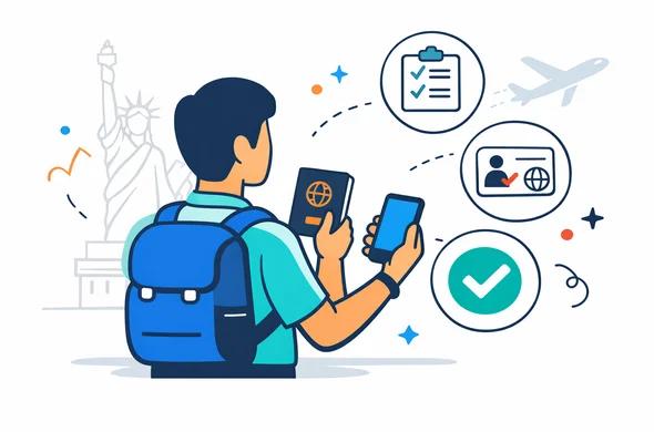 Flat semi flat vector illustration, modern tech travel guidance scene for a USA ESTA overview, abstract faceless traveler holding a passport and smartphone while reviewing simple travel authorization icons, deep blue and turquoise primary palette with red accent for USA, calm organized efficient atmosphere, clean lines, 2D or light isometric style, minimalist white and grey background with a faint Statue of Liberty outline and subtle airplane silhouette, no readable text, no photorealism, no 3D, no watermark