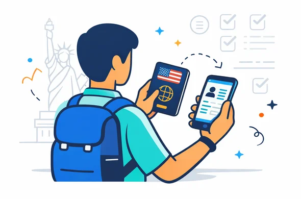 Flat semi flat vector illustration, modern travel preparation scene for a USA ESTA application, abstract faceless traveler holding a biometric passport and checking details on a smartphone, deep blue and turquoise primary palette with red accent for USA, calm organized and safe atmosphere, clean lines, 2D or light isometric style, minimalist white and grey background with a faint Statue of Liberty outline and subtle checklist icons, no readable text, no photorealism, no 3D, no watermark