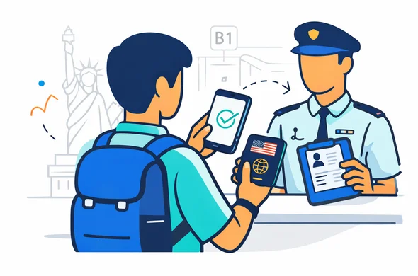 Flat vector illustration of a calm airport entry scene related to USA ESTA, abstract faceless traveler holding passport and smartphone with a simple approved travel icon while an abstract border officer reviews the details, deep blue and turquoise primary palette with red accent for USA, clean lines, modern tech feel, 2D or light isometric composition, minimalist white and grey background with faint Statue of Liberty and airport gate silhouette, no readable text, no photorealism, no 3D, no watermark