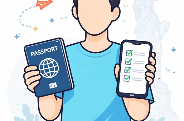 Flat modern vector illustration, clean lines, semi-flat 2D style, deep blue and turquoise primary palette with red accent (USA). A faceless neutral character holding a passport and a smartphone showing a checklist. Minimal white and light grey background with a faint outline silhouette of the Statue of Liberty. Calm, organized, efficient, safe tech vibe, no photorealism, no text.