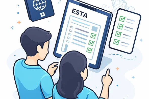 Isometric flat vector illustration, clean modern tech style, deep blue and turquoise palette with red accent (USA). Two faceless abstract characters reviewing a digital ESTA form on a tablet, with a passport and checklist icons. Minimal white/grey background with a faint Statue of Liberty outline. Calm, secure, efficient atmosphere, no photorealism, no text.