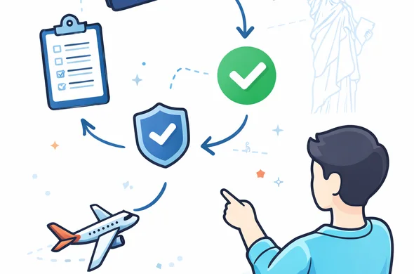 Flat vector infographic style illustration, clean lines, modern tech feel, deep blue and turquoise palette with red accent (USA). A simple flowchart with icons: passport, form, checkmark, shield, airplane. Faceless abstract character pointing to the steps. Minimal white/grey background with faint Statue of Liberty silhouette. Calm, organized, efficient, no text, no photorealism.
