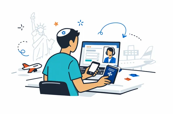 Flat semi-flat vector illustration, modern tech travel service scene, abstract faceless Israeli traveler holding a passport and smartphone while starting an ESTA application with online assistance on a laptop, deep blue and turquoise primary palette with subtle red accent for the USA, calm organized efficient atmosphere, minimalist white and light grey background, faint outline of the Statue of Liberty and soft airport elements, clean lines, 2D or light isometric style, no readable text, no watermark, not photorealistic