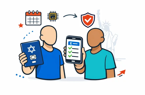 A flat modern vector illustration, clean lines, isometric style. Abstract faceless characters with neutral skin tones. One character holds an Israeli biometric passport and a smartphone showing an ESTA checklist UI. Icons: calendar for validity, chip symbol for e-passport, checkmarks, small shield for security. Primary colors deep blue and turquoise (Aid-Air brand), accent red inspired by the USA. Minimal white to light grey background with a faint outline silhouette of the Statue of Liberty. Calm, organized, efficient, modern tech feel, no text, no photorealism.