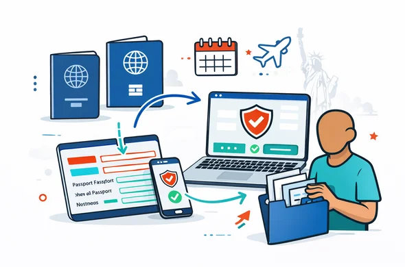 Flat vector isometric illustration. Two passports shown as old and new (no readable text), an arrow pointing to a new ESTA approval screen on a laptop and phone, plus a small calendar and airplane icon. Abstract faceless character organizing documents in a neat folder. Deep blue and turquoise primary colors, accent red inspired by the USA. Minimal white-grey background with faint outline silhouette of the Statue of Liberty. Calm, organized, efficient, safe, no text, no photorealism.