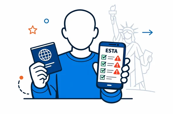 Flat semi-flat vector illustration, modern tech feel, clean lines, isometric 2D. A faceless neutral character holding a passport and a smartphone showing an ESTA form with a checklist and warning icons. Primary palette deep blue and turquoise, USA accent color red. Minimal white and light grey background with a faint outline silhouette of the Statue of Liberty. Calm organized secure atmosphere, no photorealism, no detailed facial features.