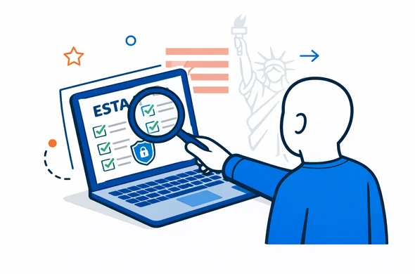 Modern flat vector illustration, clean lines, isometric 2D. A faceless neutral character uses a magnifying glass over an ESTA form on a laptop, with checkmarks and a shield icon. Primary deep blue and turquoise palette, USA accent color red. Minimal white and light grey background with a faint outline of an American flag stripe pattern and the Statue of Liberty silhouette. Calm secure organized atmosphere, tech service vibe, no photorealism.