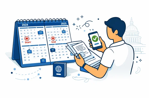 Flat vector illustration, clean lines, modern tech feel, isometric 2D. A large calendar spanning two years with highlighted start and end dates, a passport icon, and several small suitcase icons indicating multiple trips. Abstract faceless character neatly organizing documents and checking an approval badge on a phone. Primary palette deep blue and turquoise, red accent for United States. Minimal white and light grey background with faint outline silhouette of the US Capitol. Calm, efficient, safe atmosphere. No photorealism, no detailed facial features, high resolution.