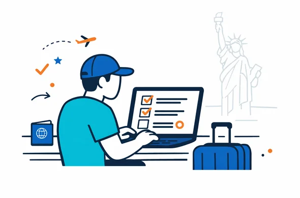 Flat vector illustration in deep blue and turquoise with subtle red accents for USA, showing an abstract faceless traveler at a laptop completing an online ESTA checklist, calm and organized atmosphere, minimalist white background with a faint Statue of Liberty outline in the distance