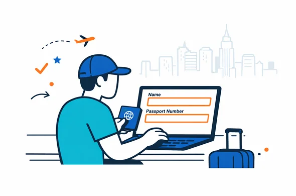Semi flat vector illustration in deep blue and turquoise with red accents for USA, abstract faceless traveler holding a passport and typing passport details into a laptop ESTA form, fields for name and passport number highlighted, calm efficient atmosphere, minimalist background with faint outline of a US skyline