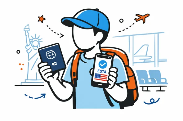 Flat modern vector illustration of an Israeli traveler holding a biometric passport and smartphone showing an approved ESTA screen, clean airport terminal background, deep blue and turquoise colors with red accents for the USA, subtle outline of the Statue of Liberty in the background, faceless abstract characters, calm and efficient atmosphere, simple 2D isometric style