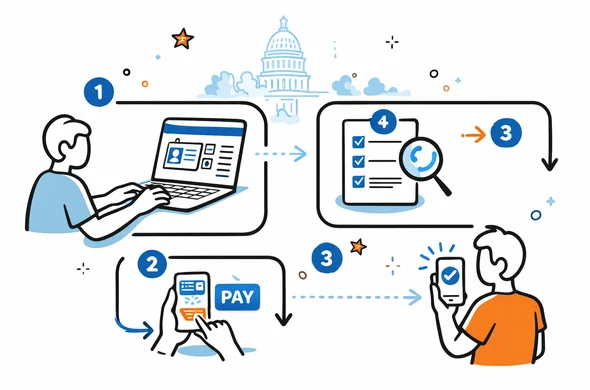 Flat vector flowchart style illustration showing step by step ESTA application process on a laptop and smartphone, numbered steps from filling personal details to receiving approval, deep blue and turquoise colors with subtle red highlights, faceless characters using devices, minimalist outline of the US Capitol building in the background, clean organized layout