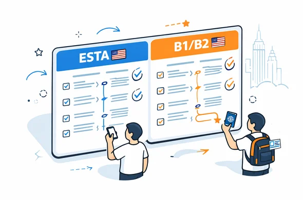 Isometric flat vector illustration of two parallel digital workflows on a large screen, one labeled ESTA and the other labeled B1/B2 tourist visa, abstract faceless characters comparing steps, deep blue and turquoise with subtle red accents for USA, calm organized atmosphere, minimal white background with a faint outline of the New York skyline