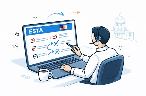 Flat modern vector illustration of a visa expert sitting at a desk reviewing a digital ESTA application form on a laptop, checklist icons showing errors being fixed, deep blue and turquoise palette with subtle red accents for USA, calm and efficient atmosphere, minimalist background with a faint outline of the US Capitol building, abstract faceless character