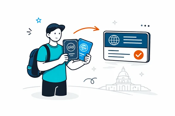 Semi-flat 2D vector illustration showing an abstract faceless character holding two passports labeled by color only (old and new) with an arrow pointing to a digital travel authorization card icon, deep blue and turquoise primary palette with USA red accent, minimalist white and light gray background with a faint US Capitol outline, clean lines, modern tech feel, calm organized safe atmosphere, no text, no logos