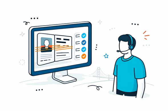 Isometric flat vector illustration of an automated checklist validation system scanning passport details on a screen with a friendly abstract human support agent beside, deep blue and turquoise primary palette with USA red accent, minimalist white and light gray background with a faint Golden Gate Bridge outline, calm organized secure atmosphere, clean lines, modern tech feel, no text, no logos