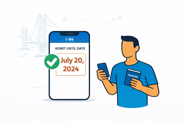 Flat vector illustration, modern tech UI. A smartphone screen showing an I-94 admit-until date with a clear checkmark and a highlighted date. Abstract faceless traveler holding the phone and passport. Primary colors deep blue and turquoise, USA accent red. Minimal white and light grey background with a faint outline silhouette of the Golden Gate Bridge.