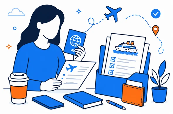 Flat semi-flat vector illustration of organized travel documents check including passport, flight itinerary and cruise confirmation, clean modern tech feel, faceless abstract characters, calm organized atmosphere, minimal background, Aid-Air palette.
