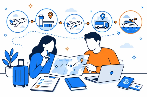 Flat semi-flat vector illustration of travelers calmly organizing a multi-stage itinerary with airport connection and cruise departure, clean modern tech feel, faceless abstract characters, calm organized atmosphere, minimal background, Aid-Air palette.