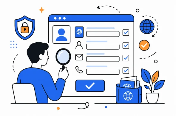 Flat semi-flat vector illustration, abstract faceless person reviewing passport details and contact fields before submission, calm modern interface, minimal background, organized checklist, Aid-Air palette