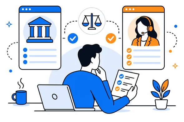 Flat semi-flat vector illustration, modern tech interface, abstract faceless person reviewing details and choosing between official source and guided private service, calm organized workspace, minimal background, Aid-Air palette