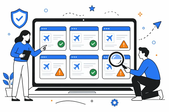 Flat semi-flat vector illustration of a laptop showing multiple ESTA-related websites with checkmarks and warning icons, faceless abstract characters reviewing pages calmly, clean modern tech feel, minimal background, Aid-Air palette.