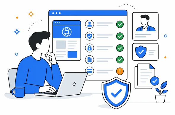Flat semi-flat vector illustration of a user reviewing a website transparency checklist, faceless abstract characters, trust badges, company identity card and document icons, calm organized atmosphere, minimal background, Aid-Air palette.