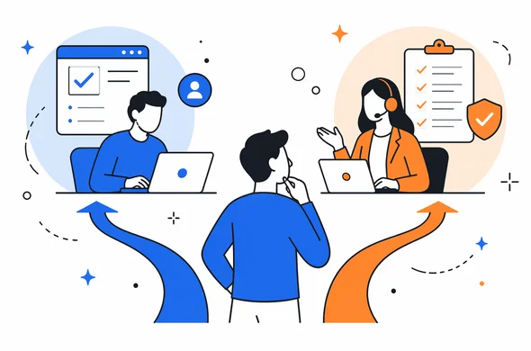 Flat semi-flat vector illustration, clean modern tech feel, faceless abstract characters comparing two paths for ESTA application, one self-service and one guided assistance, calm organized atmosphere, minimal background, Aid-Air palette