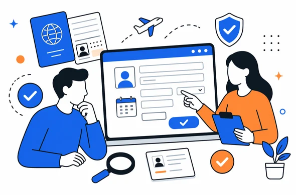 Flat semi-flat vector illustration of organized ESTA form preparation, digital fields, passport data, calm abstract faceless characters reviewing details, clean modern tech feel, minimal background, Aid-Air palette