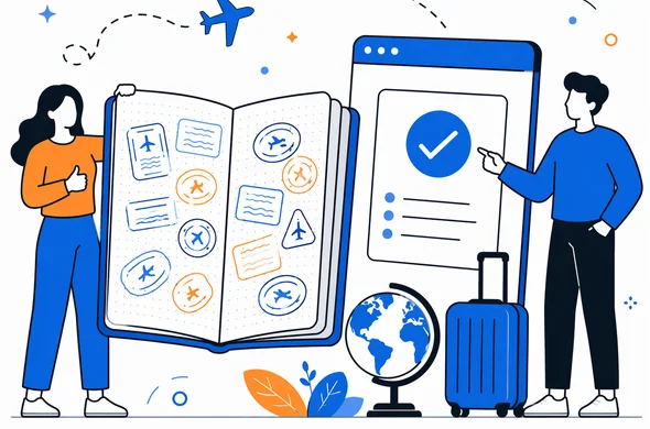Flat semi-flat vector illustration of a nearly full passport next to a digital travel authorization screen, faceless abstract characters, calm organized atmosphere, minimal background, clean modern tech feel, Aid-Air palette