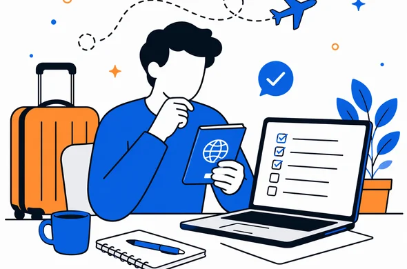 Flat semi-flat vector illustration of a traveler reviewing a passport with a pre-flight checklist on a laptop, faceless abstract characters, calm organized atmosphere, minimal background, clean modern tech feel, Aid-Air palette