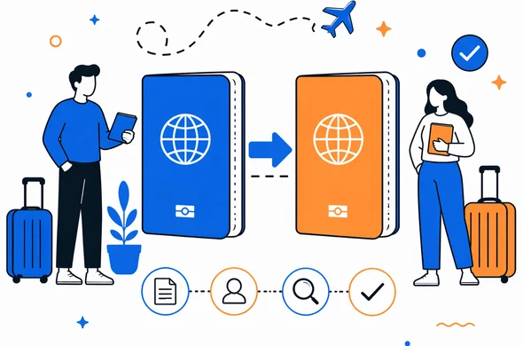 Flat semi-flat vector illustration of two passports with a clear transition workflow between them, faceless abstract characters, calm organized atmosphere, minimal background, clean modern tech feel, Aid-Air palette