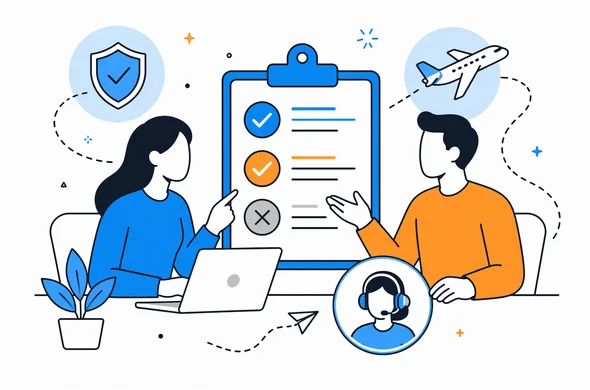 Flat semi-flat vector illustration, clean modern tech feel, faceless abstract characters reviewing a digital travel assistance process, calm organized atmosphere, minimal background, Aid-Air palette