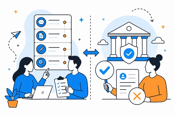 Flat semi-flat vector illustration, clean modern tech feel, faceless abstract characters comparing support steps versus final authorization, calm organized atmosphere, minimal background, Aid-Air palette