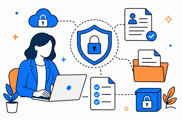 Flat vector illustration of secure and organized online document handling, abstract faceless people, shield and workflow elements, calm trustworthy atmosphere, minimal background, Aid-Air palette.