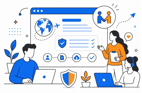 Flat vector illustration of a Hebrew ESTA service website showing a powered by Aid-Air label, abstract faceless characters, calm organized interface, modern tech feel, minimal background, Aid-Air palette