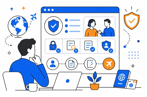 Semi-flat vector scene of a traveler reviewing trust signals and process steps before an ESTA application, abstract faceless figures, clean dashboard, calm organized atmosphere, minimal background, Aid-Air palette