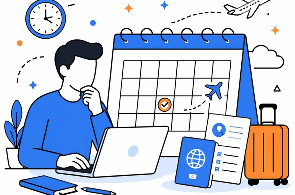 Flat vector illustration of a traveler planning ESTA timing before a flight, calendar, passport, laptop, calm organized atmosphere, faceless abstract characters, minimal background, Aid-Air palette, clean modern tech style