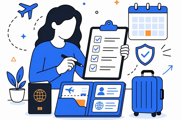 Flat vector illustration of organized ESTA preparation with passport, checklist, travel documents and calm faceless characters, minimal background, clean modern tech feel, Aid-Air palette