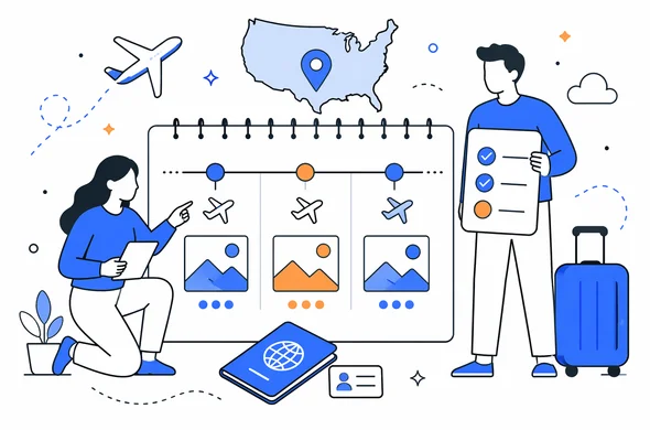 Flat semi-flat vector illustration, clean modern tech feel, faceless abstract travelers organizing multiple USA trips on a yearly timeline, calm organized atmosphere, minimal background, Aid-Air palette