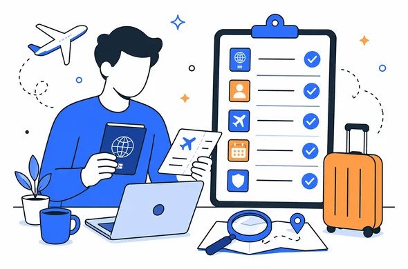Flat semi-flat vector illustration, clean modern tech feel, faceless abstract traveler reviewing passport, travel approval status and flight details on a checklist, calm organized atmosphere, minimal background, Aid-Air palette