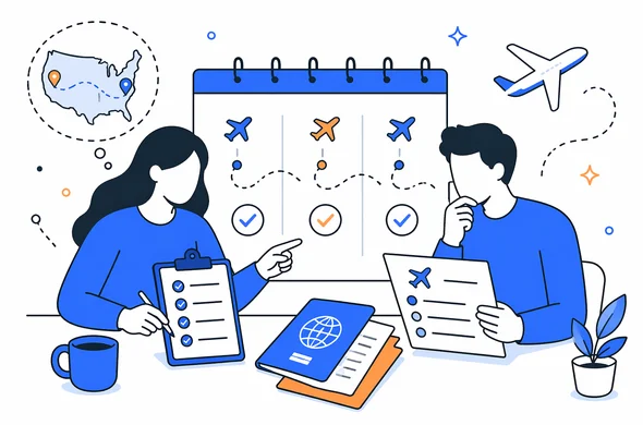 Flat semi-flat vector illustration, clean modern tech feel, faceless abstract people calmly planning repeated USA trips with organized documents and checklist flow, minimal background, Aid-Air palette