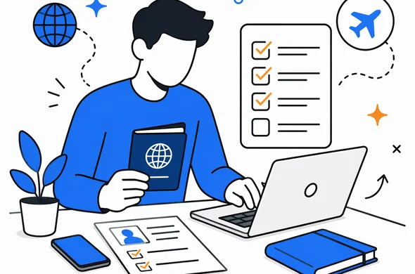 Flat semi-flat vector illustration, calm faceless abstract traveler reviewing passport and travel details on a laptop, organized checklist, minimal background, clean modern tech feel, Aid-Air palette.