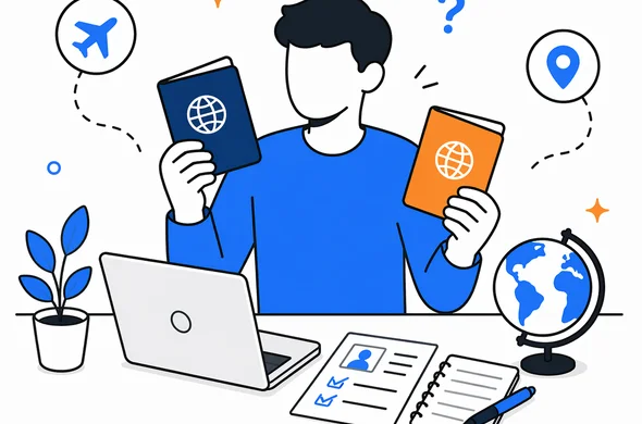 Flat vector illustration of a faceless abstract traveler comparing two passports and travel records, calm organized desk scene, minimal background, modern tech style, Aid-Air palette.